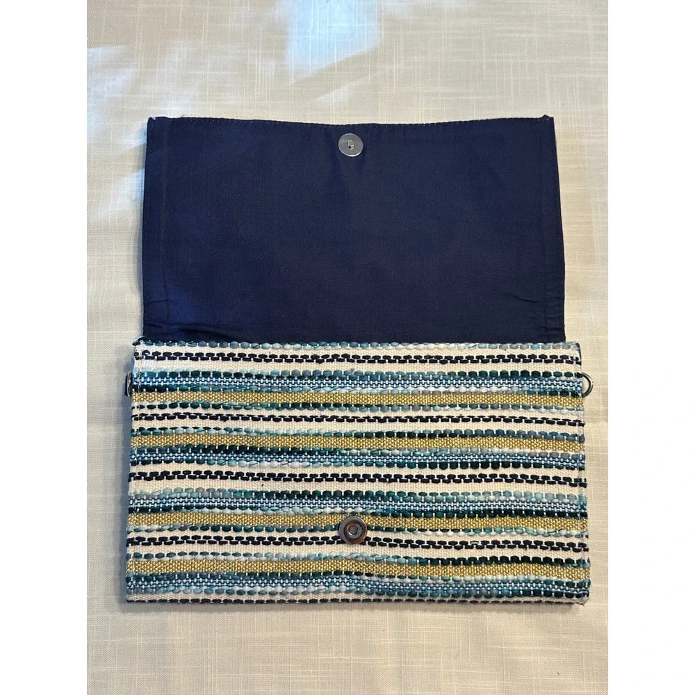 America & Beyond Evil Eye Beaded Clutch Bag Blue Gold Chevron Crossbody NWOT